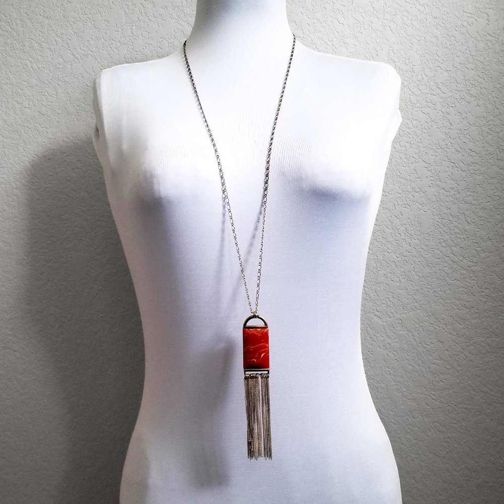 Antique Book Chain Necklace with Orange Marble Rectangle